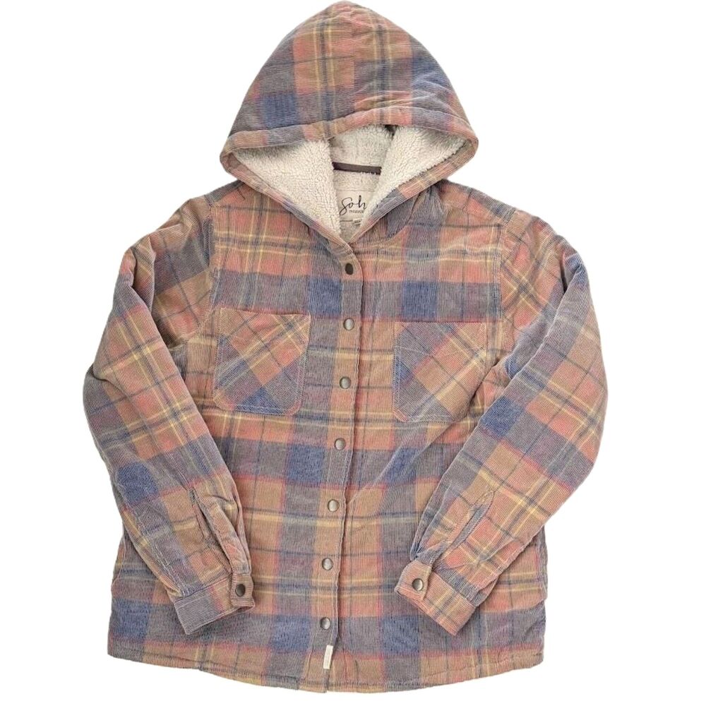 Soho Threads jacket L M corduroy Shacket hooded snap sherpa lined plaid tan